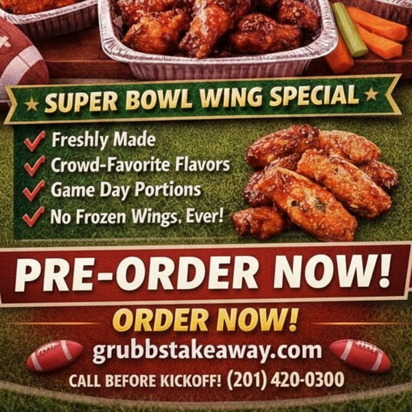 Grubbs Takeaway Super Bowl Wing Special advertisement with chicken wings, footballs, and text.