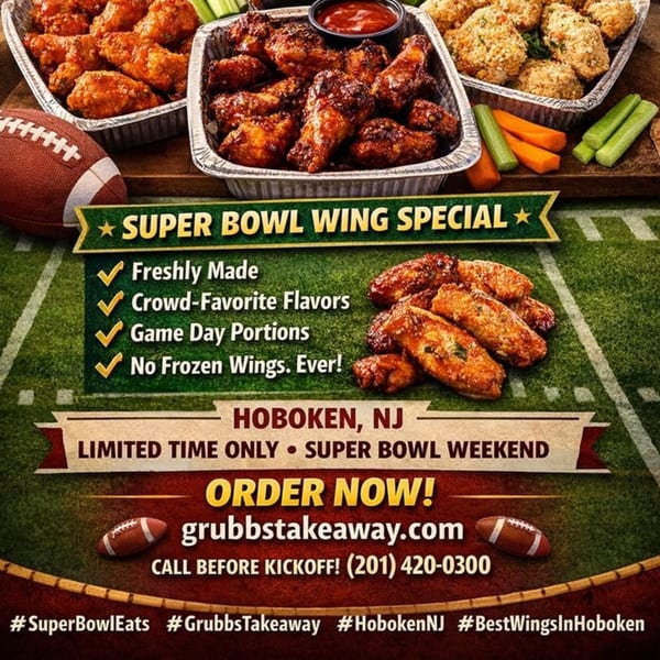 Grubbs Takeaway Super Bowl wing special with three trays of wings, football, and text overlay.