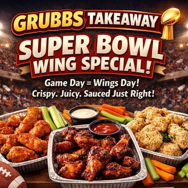 Grubbs Takeaway Super Bowl Wing Special with three trays of wings, sauces, and vegetables.