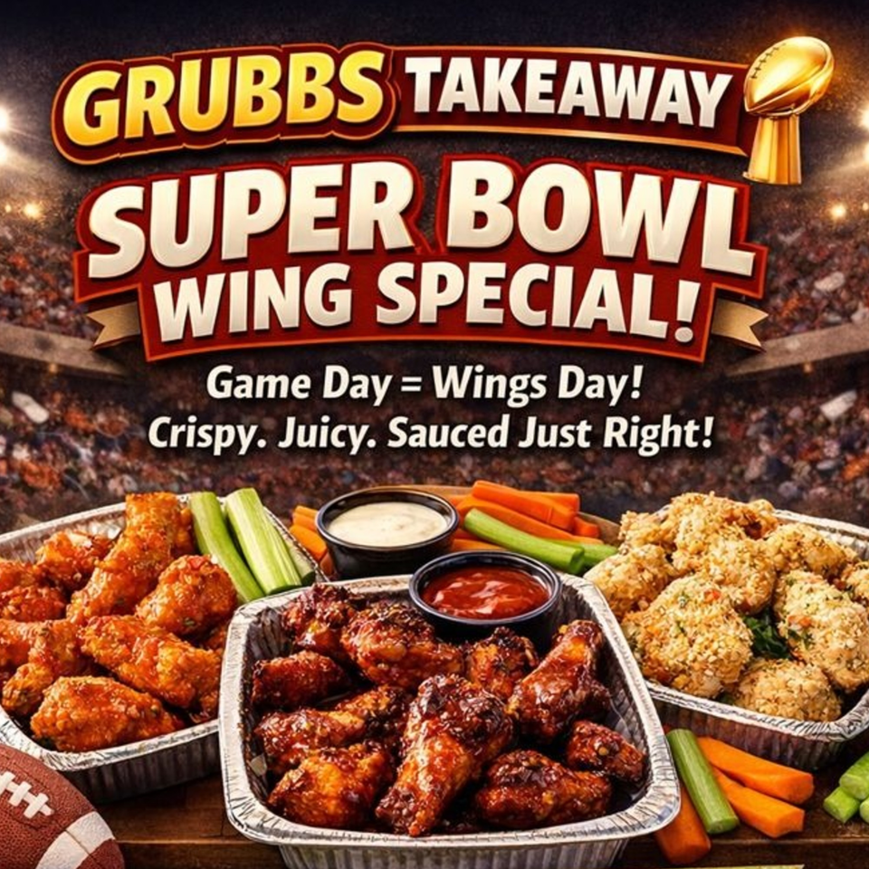 Grubbs Takeaway Super Bowl Wing Special with three trays of wings, sauces, and vegetables.