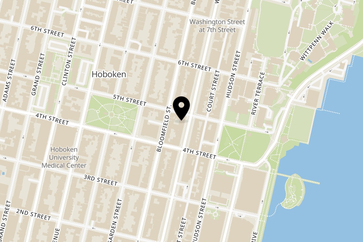 Map showing the location of Grubbs Takeaway on 418 Washington St in Hoboken
